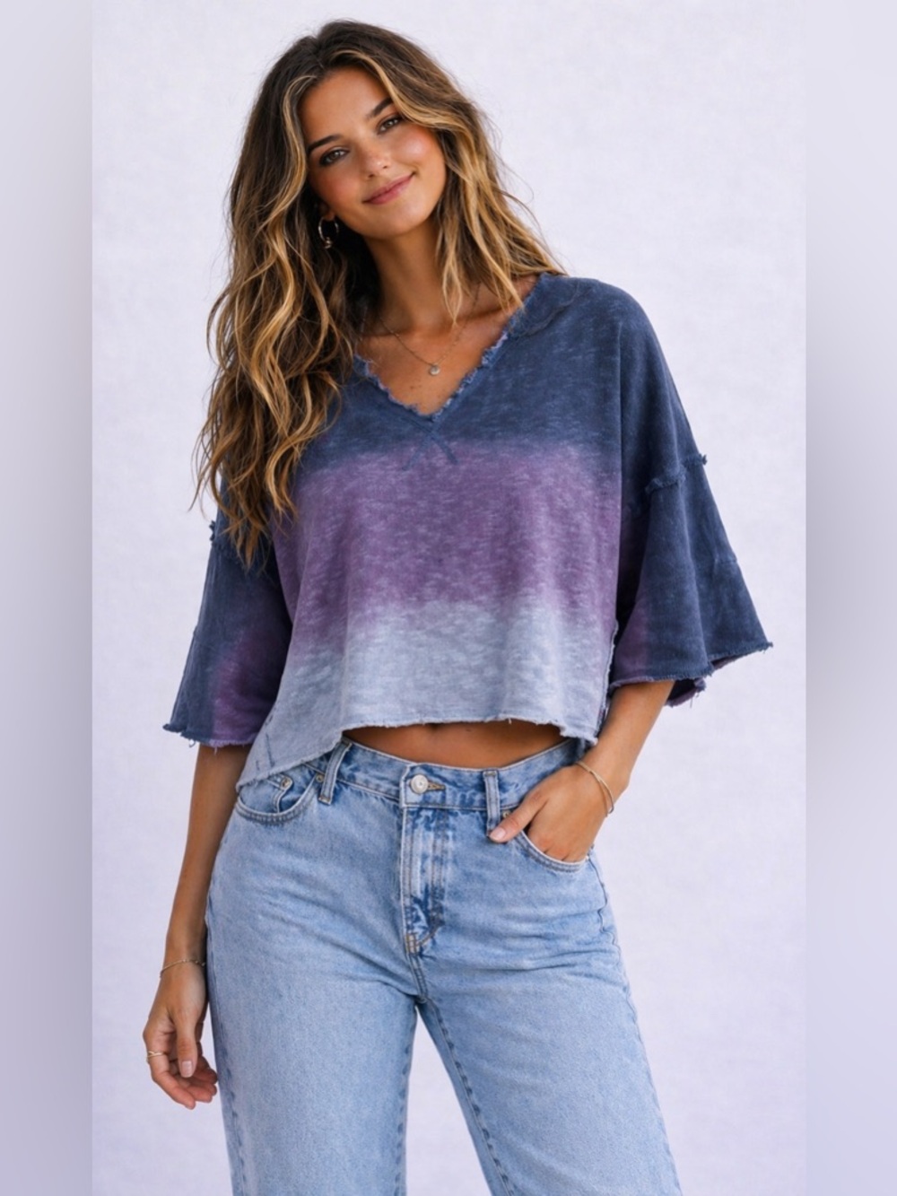 Free People Blue and Purple Crop Top size medium sweatshirt NWT